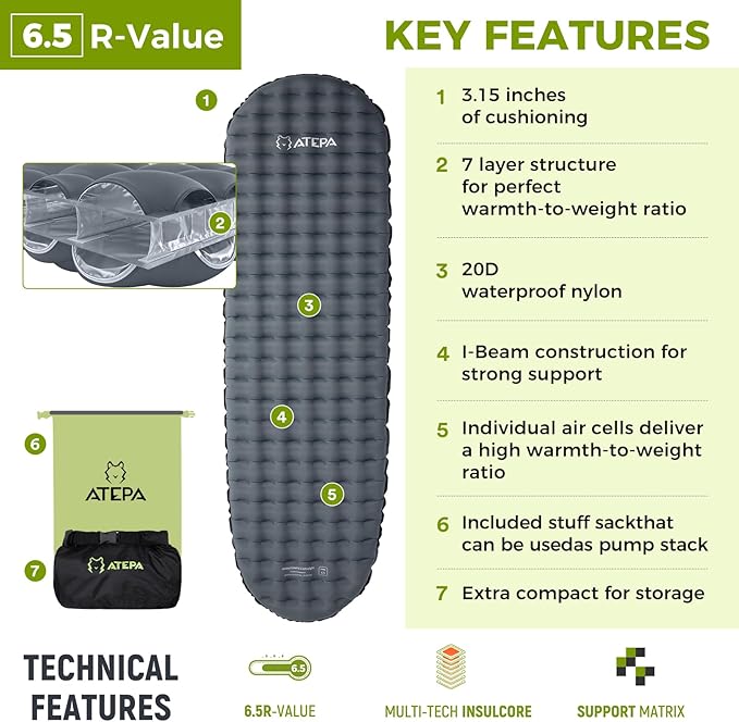 ATEPA ThermAir Mummy Backpacking Inflatable Sleeping Pad, 6.5 R-Value Insulated Ultralight Portable Sleeping Pad Thick Camping Mat with Pump Sack for Camping Backpacking Tent, Wide Long Size 72"x21"