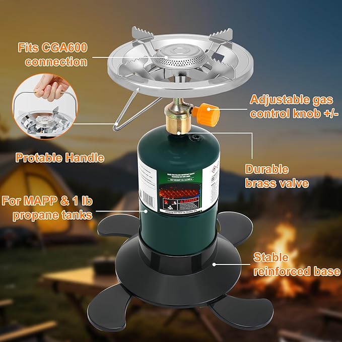 Camping Stove Propane, Portable Backpacking Cooker with Single Burner, Adjustable Flame, Foldable Base, Camp Stove Kit for Outdoor Cooking, Hiking, Emergency Essential (Fuel not Included)
