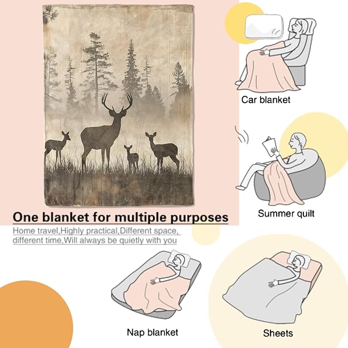 Vintage Deer Blanket Nature Wildlife Art with Rustic Forest Silhouette Throw Blankets Lightweight Flannel Throws for Camping Couch Chair Bed Home Decor Gifts for Animal Lover,50x40inch