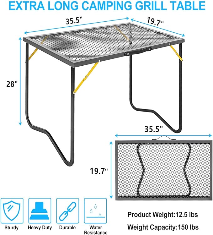 Portable Folding Grill Table, 3ft Outdoor Grill Table with Mesh Tabletop, Metal Grid Table for Camping, Picnic, BBQ, RV