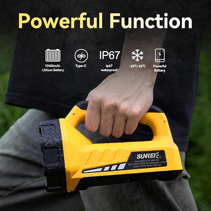 SUNREI Rechargeable LED 1500LM Flashlight, 8 Light Modes Portable Camping Lantern, 10400mAh Power Bank, IP67 Waterproof for Emergencies Power Outages, Hurricane Emergency, Hiking, Home, etc
