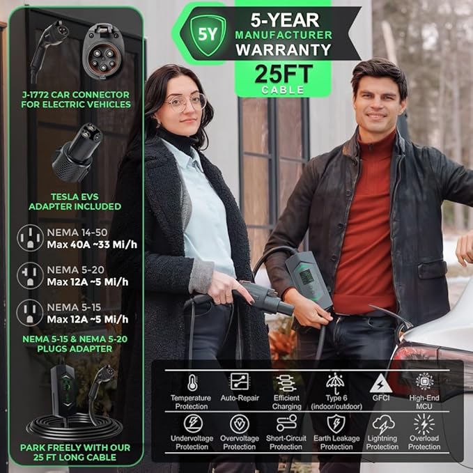 MACH 3 Fast 40 Amp Level 1&2 Portable EV Charger, Electric Vehicle Charging Station, 120-240V NEMA 14-50 w/ 5-15 Adapter. SAE J1772 car Connector & Tesla mobile NACS, Outdoor EVSE, 25ft Cable w/holder