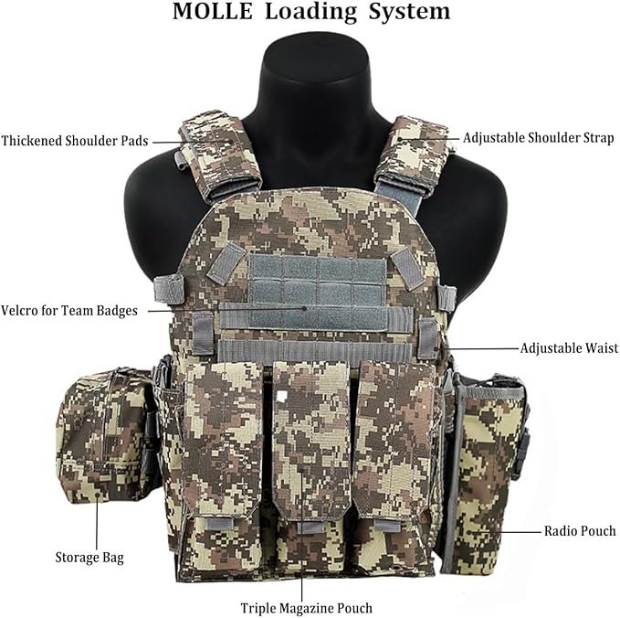 VPZenar Tactical Vest for Men, Airsoft Vest, Black Molle Vest and Cap Protective Equipment, Tactical Airsoft Gear