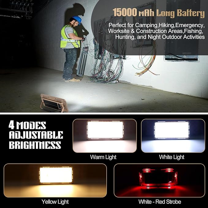 Solar Rechargeable Work Light with Power Bank & Battery Indicator, 178 LED Portable Flood Light with Magnetic Base, 4 Modes IP44 Waterproof Job Site Lamp for Camping, Fishing, Car Repair (Gold Body)