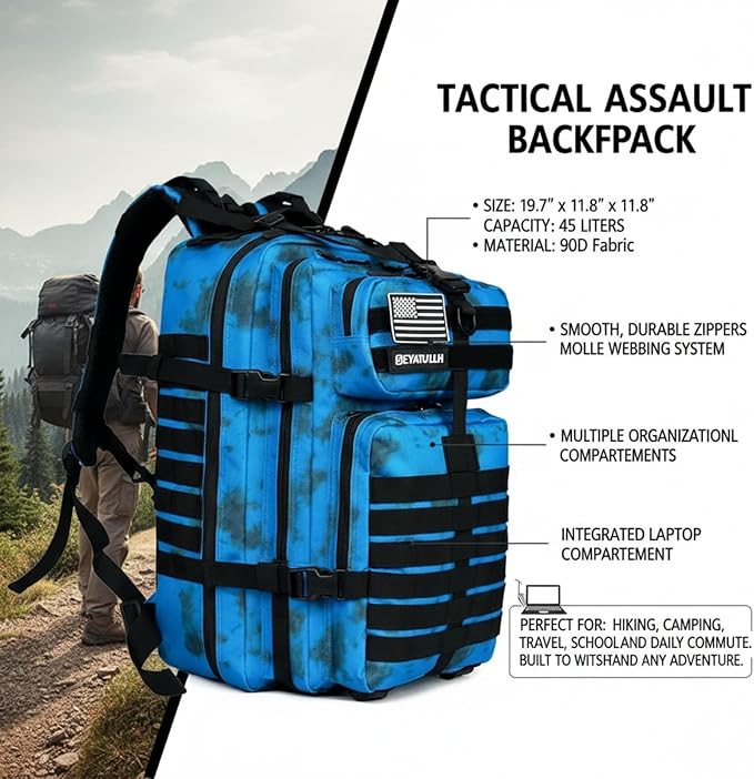 45L Military Tactical Backpack for Men & Women Bug Out Bag Assault pack Molle Daypack Hiking Trekking Rucksack (Blue tie dye)