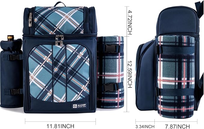 ALLCAMP Picnic Basket Backpack Cooler for 4 Person with 2 Insulated Cooler Compartment, Detachable Bottle/Wine Holder, Fleece Blanket, Plates and Cutlery for Family,Couple and Friend gatherings (Blue)