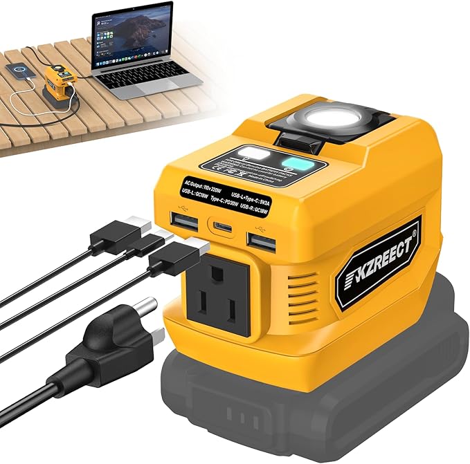 Kzreect 220W Power Inverter Compatible with DeWalt 20V/18V Batteries (Battery Not Included), DC to 110V AC Converter with 1 AC Outlet, USB-C, Dual USB-A & 400LM LED – Outdoor, Camping, Emergency Use