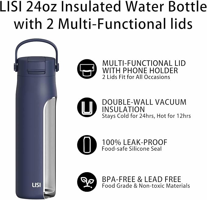 LISI 24oz Insulated Water Bottle, Double Wall Stainless Steel Water Bottles with Straw, 100% Leak-Proof Travel Thermal Canteen Mug with 2 Lids (Straw, Phone Holder Lid)