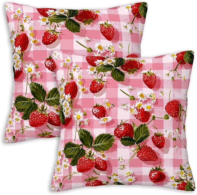 Strawberry Pink Gingham Throw Pillow Covers 18x18 Inch, Set of 2 | Square Cushion Covers for Couch & Living Room | Farmhouse Cottage Home Decor | Spring Summer Decorative Pillowcase