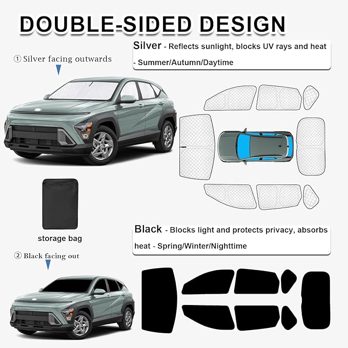 KMF 8pcs Thicken Sun Shade for Hyundai Kona 2024 2025 2026 Accessories,Full Car Window Covers Sunshade for Windshield Side Rear, Sun Visor UV Block and Blackout Privacy for Camping Outdoor