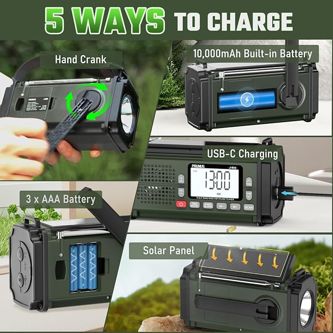 PRUNUS J-924 Storm-Ready 10000mAh/37000mWh Hand Crank Radio, AAA Batteries Powered Emergency Radio Solar, NOAA Weather Radio AM/FM/SW, USB Charging, Torch& Reading Light, SOS Alarm, Power Bank