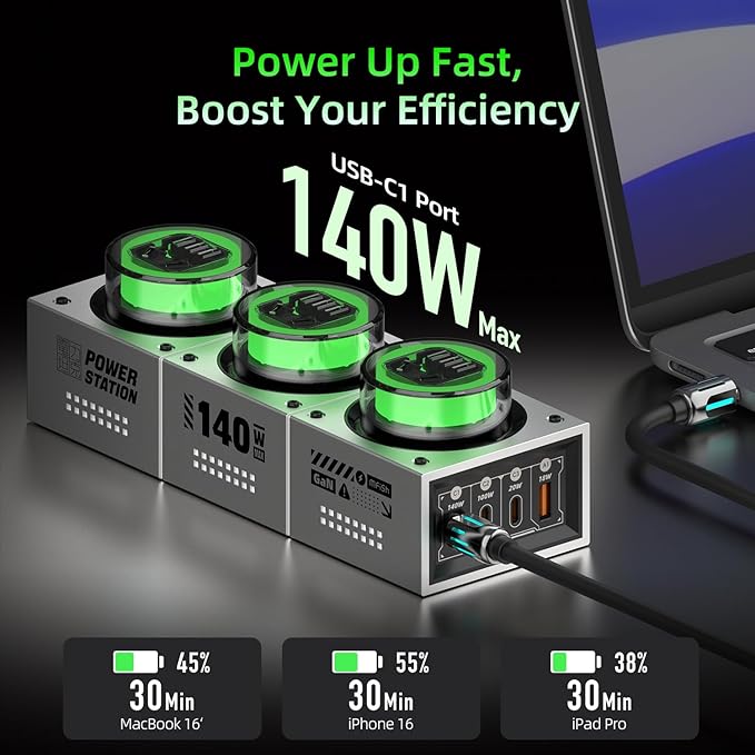 Mfish E-Tank 140W GaN Desktop Charging Station, 7-in-1 Charging Hub with 3 AC Outlets & 4 USB-C Ports (Up to 140W PD 3.1), RGB Desk Power Hub for Gaming Setup, Creator Workstation & Home Office