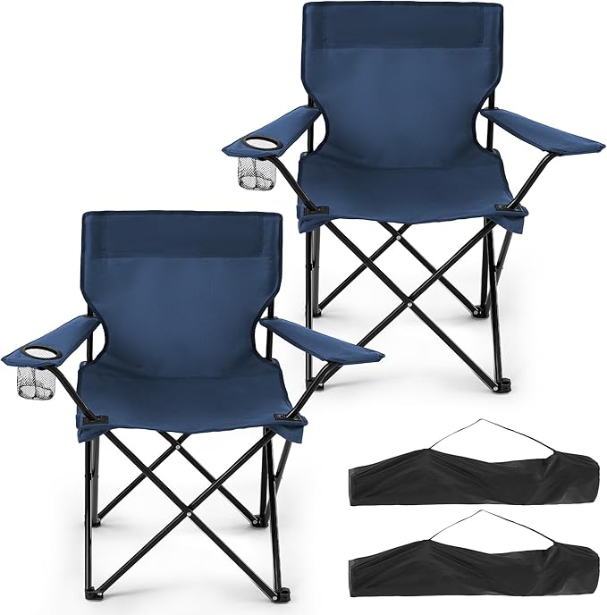 2 Pack Folding Camping Chairs for Adults, Foldable Portable Beach Chairs with Carry Bag & Cup Holder, Compact Design for Camping, Beach, Picnics, and Fishing Supports 300LBS（Dark Navy）
