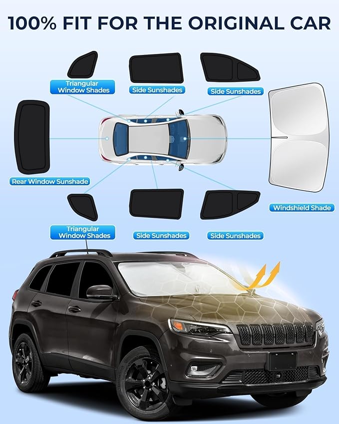 for Jeep Cherokee 2014-2024 Car Window Shades, 8pcs Privacy Sun Shade Set for Front Windshield Side and Rear Windows, Full Window Covers Keeps Vehicle Cool for Camping Napping