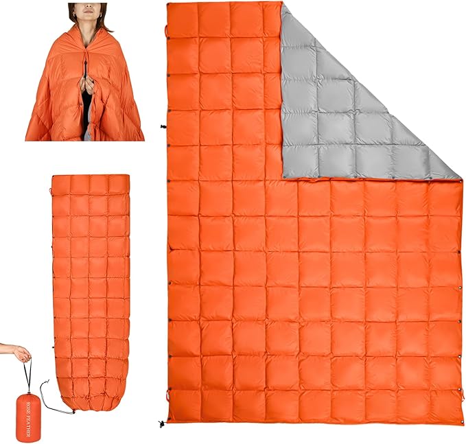 Down Camping Blanket - Lightweight, Packable, Warm & Puffy Outdoor Travel Quilt for Sleep, Hiking, Backpacking, Stadium, Festivals, Water-Resistant Sleeping Bag 55"x79"