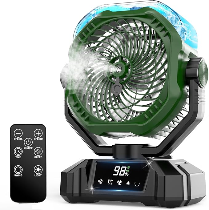 COZII Misting Fan Portable, 20000mAh Camping Fan Rechargeable with Mist - Mister with 360ml Water Tank, Touch Screen, 5 Speeds, 3 Colors LED Lantern, 8 Timing, for Tents, Travel, Beach, Home, Outdoor