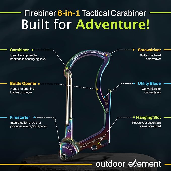 OUTDOOR ELEMENT Firebiner Custom Engraved 6-in-1 Fire Starter Carabiner Multitool – Survival Gear EDC Keychain with Utility Blade, Bottle Opener, Screwdriver, Emergency Tool