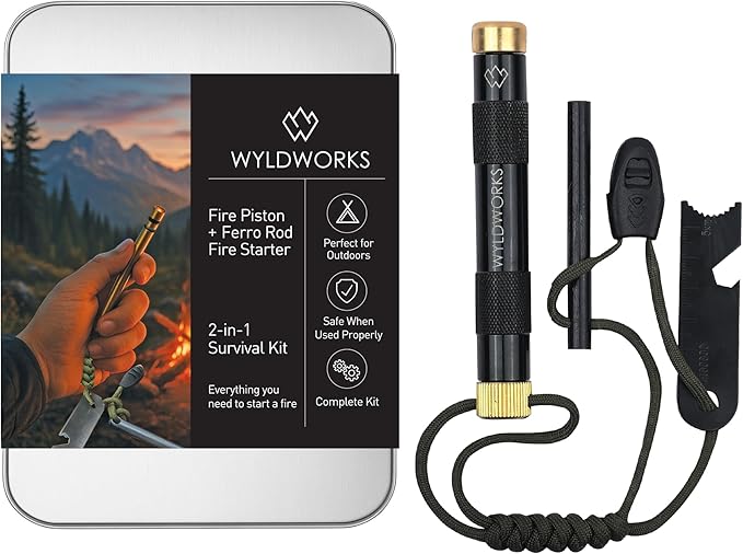 Fire Piston - Ferro Rod - 2 in 1 - Fire Piston Fire Starter Kit - Fire Starters for Campfires - Compression fire Starter Piston - Survival Tool - Camping Gifts for Men