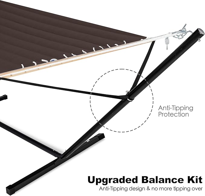 GAFETE 2 Person Hammock with Stand for Outside, Heavy Duty Steel Stand, Double 55inch Hammocks, Large Removable Pillow, Storage Bags, Max 475 lbs Capacity (Brown)