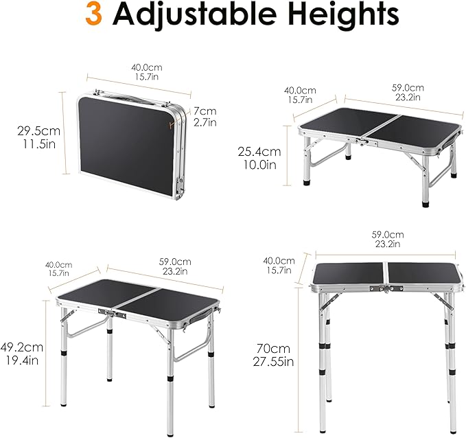 Folding Picnic Table 2ft Portable Camping Table Adjustable Heights Metal Aluminum Lightweight Foldable Small Outdoor Card Table with Carry Handle for Outside Indoor Camp Cooking BBQ Beach(Black)