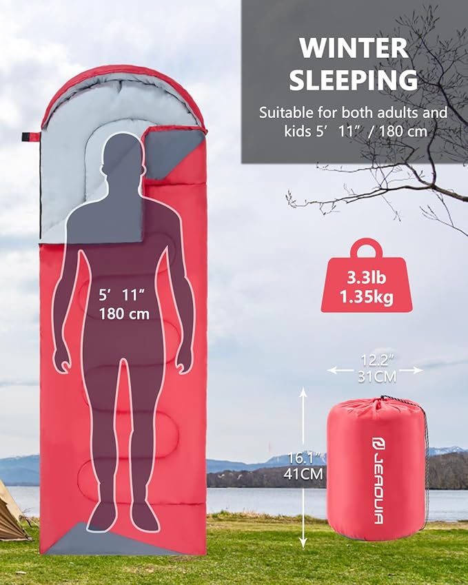 JEAOUIA Sleeping Bags for Adults Backpacking Lightweight Waterproof- Cold Weather Sleeping Bag for Girls Boys Mens for Warm Camping Hiking Outdoor Travel Hunting with Compression Bags（RED）