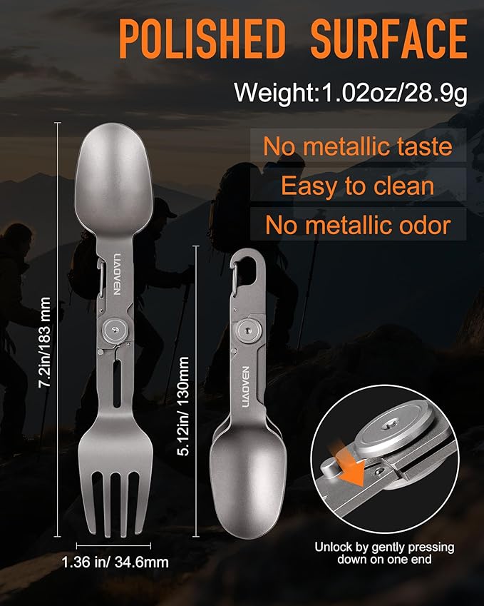(2Pack) Titanium Spork 3 in 1 Folding Fork and Spoon Eco-Friendly Ultralight Camping Spork with Locking Function, Portable Flatware for Outdoor Camping Backpacking Hiking Travel Picnic Tableware