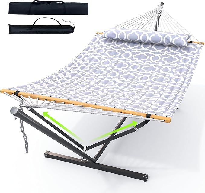 ANAGOO Double Hammock with Stand, Heavy Duty Outdoor Hammock for Two, 500 LBS Capacity, Stable Steel Frame with Balance Strap, Easy Tool-Free Assembly for Patio, Garden, Backyard & Beach,Round Gray