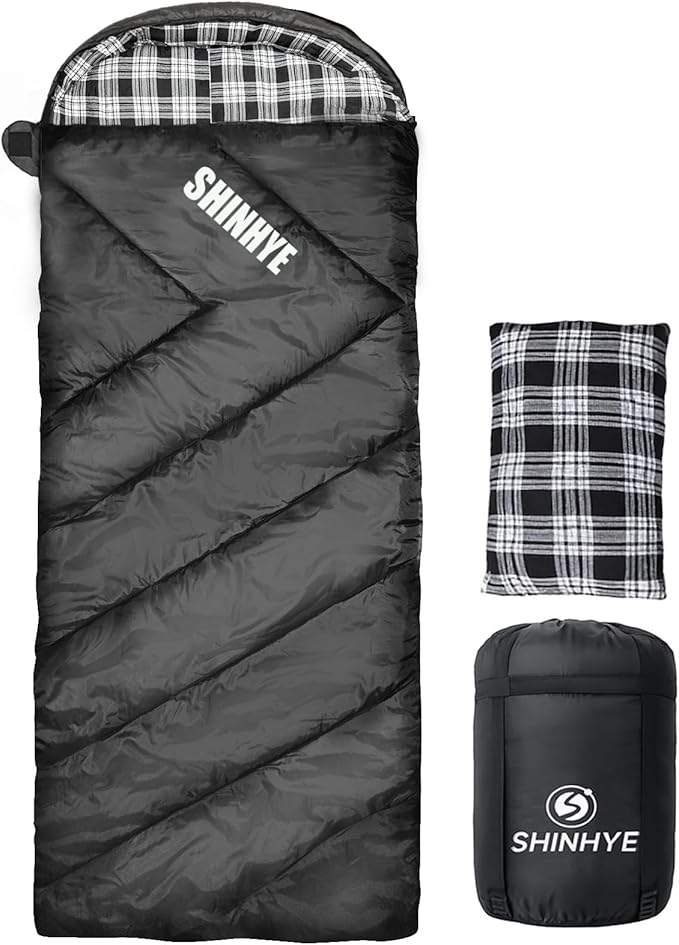 ShinHye 0 Degree Sleeping Bag for Adults - Cotton Flannel 4 Season Cold Weather Winter, XXL Big and Tall Camping Sleeping Bag with Compression Sack