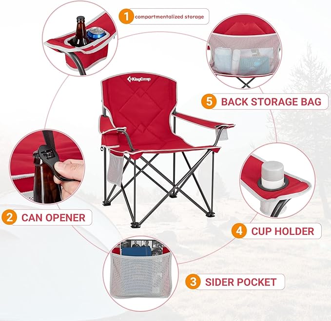 KingCamp 2pack Red Oversized Camping Chair with Cup Holder & 3 Storage Pockets - Heavy-Duty 360lbs Capacity Folding Lawn Chair, Portable Compact Foldable Outdoor Chair for Camping, Fishing, BBQ