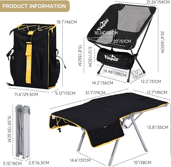 Camping Backpack - Aviation Aluminum Table Frame + 2 Folding Camping Chairs,+ Convertible Backpack Tabletop, Quick Setup&Portable,Camping Gear,Gifts for Camping, Picnic, Beach (Black)