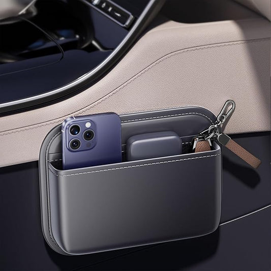 Driver's Car Storage Bag, Small Car Side Pocket Organizer for Car Seats, Doors and Consoles, PU Leather (Black)