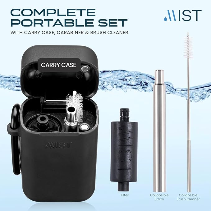 Mist Reusable Straw, Collapsible Reusable Metal Water Filtering Straw Removes Chlorine & Odor, BPA-Free, Portable, Stainless Steel, Filter Straw With Carry Case, Brush, Travel-Friendly, Black