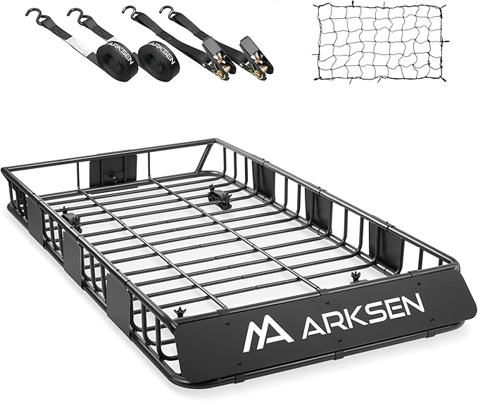 ARKSEN 64" x 34" x 6" Roof Rack Cargo Basket with Extension, 150 LBS Universal Heavy Duty Steel Rooftop Carrier with Cargo Net & Tie Down Straps for SUV, Truck, RV, Pickup