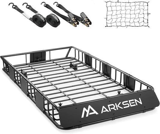 ARKSEN 64" x 34" x 6" Roof Rack Cargo Basket with Extension, 150 LBS Universal Heavy Duty Steel Rooftop Carrier with Cargo Net & Tie Down Straps for SUV, Truck, RV, Pickup