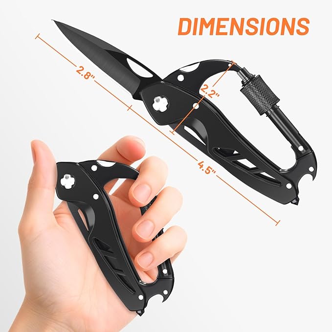 Carabiner Multitool 9-in-1 EDC Pocket Knife, Hexwrench, Saw, Screwdriver, Bottle Opener, Breaker, Survival Gear for Camping Climbing, Gifts for Men Women, Stocking Stuffers (Black)