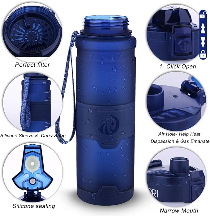 ZORRI Sports Water Bottle, 400/500/700ml/1L, BPA Free Leak Proof Tritan Lightweight Bottles for Outdoors,Camping,Cycling,Fitness,Gym,Yoga- Kids/Adults Drink Bottles with Filter, Lockable Pop Open Lid