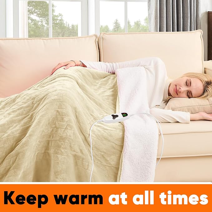 greenoak Heated Blanket Electric Throw 50"X60", Heating Blanket with 10 Heat Levels 8 Hours Auto-Off,Fleece Soft Blanket, Birthday Gifts for Grandma Seniors, Beige