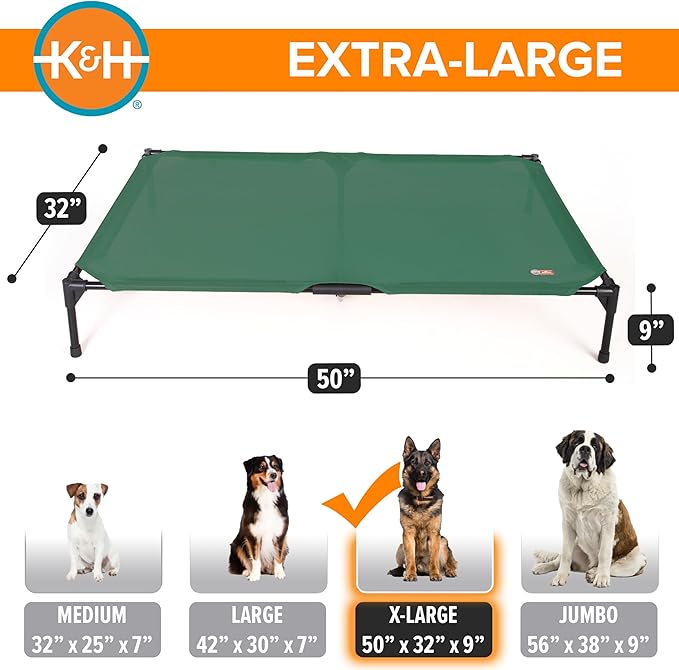 K&H Outdoor Elevated Dog Bed - Cooling Raised Dog Bed for Large & Extra-Large Pets, Breathable Mesh Hammock Design, Indoor/Outdoor Washable Cover, Portable Metal Frame, Green, XL 50x32in
