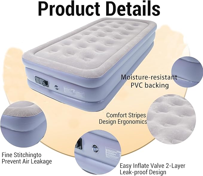 Onirii Twin Air Mattress Bed with Built in Pump,16 Inches High Airbed Inflatable Mattress,Comfort Thickened Blow Up Air Bed,Travel Sleeping Pad for Guests Home (Twin Size)