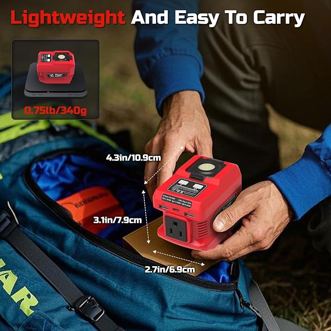 220W Power Inverter Compatible with Milwaukee 18V Battery, DC 18V to AC 110V Portable Power Station Generator with 1 AC Outlet, 2 USB Ports & 1 Type-C Fast Charging, 400LM LED Work Light (2-Pack)