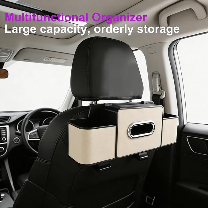 Amooca Back Seat Car Organizer, 4+2 in 1 Multifunctional Car Backseat Storage Box with 4 Cup Holders Tissue Box Hook, Car Interior Storage for Travel Phones Snacks Drinks(Beige)