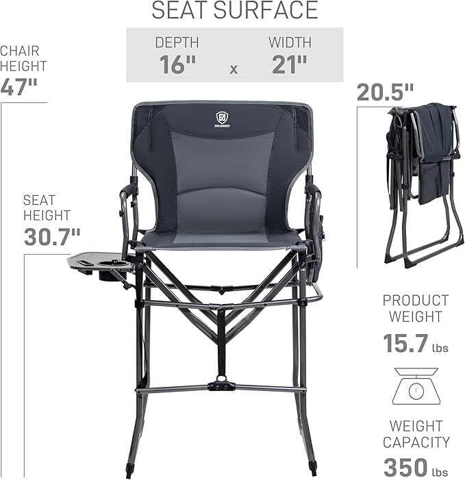EVER ADVANCED Portable 30.7" Seat Height Tall Folding Camping Chair Directors Chair High Foldable Bar Stool with Side Table for Makeup Artist, Sports Event, Craft Show, Supports 350LBS