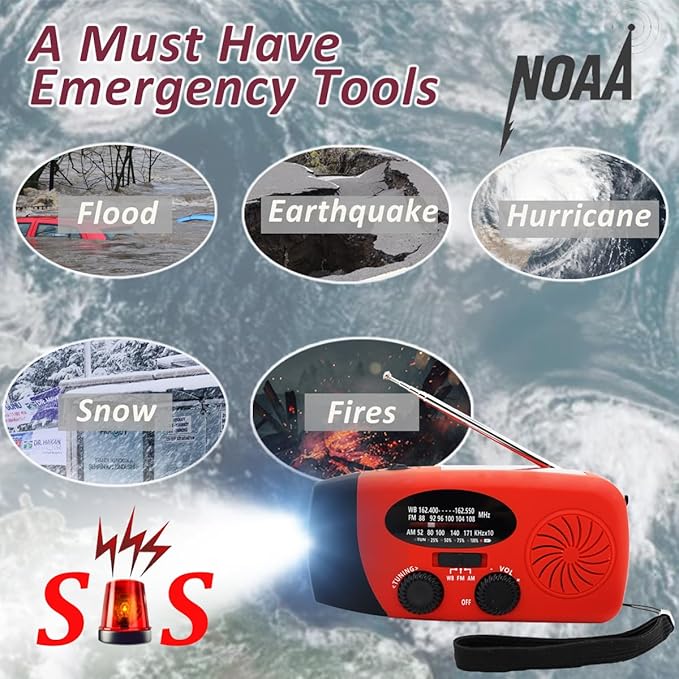 2024 Upgrade 5000mah Alertsync NOAA Weather Emergency Radio with Solar Charging, AM FM Hand Crank Windup Radio SOS Alarm LED Flashlight with Earphone Jack for Home, Camping, Survival Hurricane (Red)