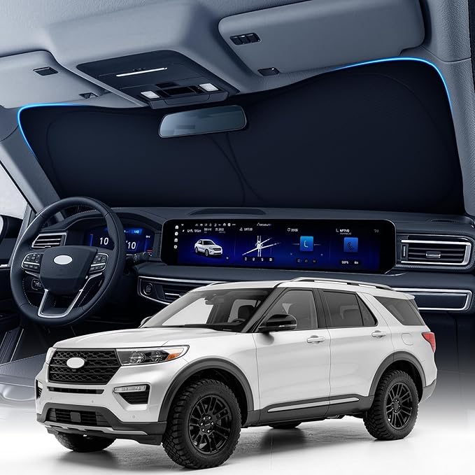 Zanch Custom Windshield Sun Shade for Ford Explorer 2020-2026, 7-Layer UV & Heat Block, 3D Laser Scanned, Interior Protection, Keep Car Cooler, Foldable SUV Accessories