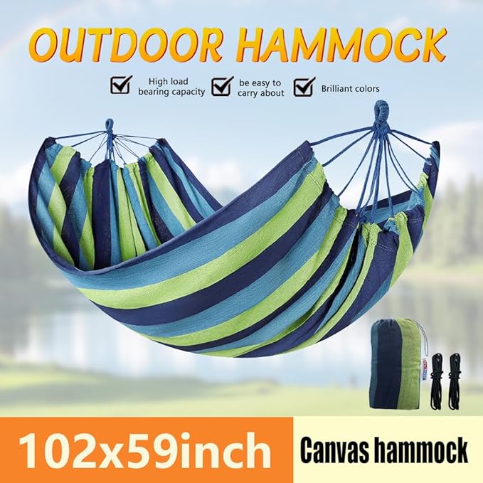 Cotton Canvas Hammock, Comfortable Fabric Camping Hammock with Tree Straps, Up to 440lbs with Travel Bag for Camping Outdoor/Indoor Patio Backyard(Blue&Green, Without bar)