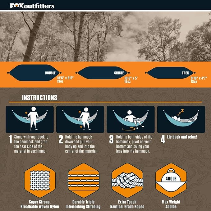 Fox Outfitters Neolite Double Camping Hammock - Lightweight Portable Nylon Parachute Hammock for Backpacking, Travel, Beach, Yard. Hammock Straps & Steel Carabiners Included (Red/Black)
