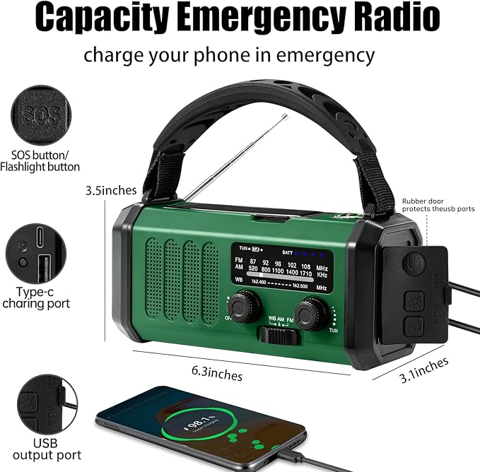 QAUYYW Hand Crank Emergency Radio,74000mWhSolar Powered Hand Crank Portable NOAA AM FM Weather Radio with 3Mode Flashlight and Reading Light,Cell Phone Charger,Home and Emergency Distress Signall