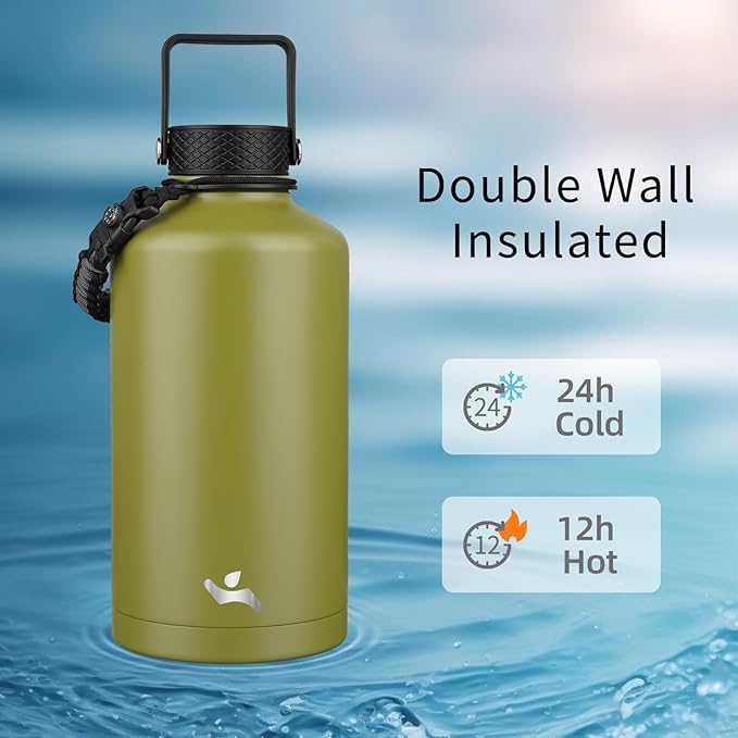 Konokyo Insulated Water Bottle with Straw,87 oz 3 Lids Water Jug with Carrying Bag,Paracord Handle,Double Wall Vacuum Stainless Steel Metal Flask,Forest Green