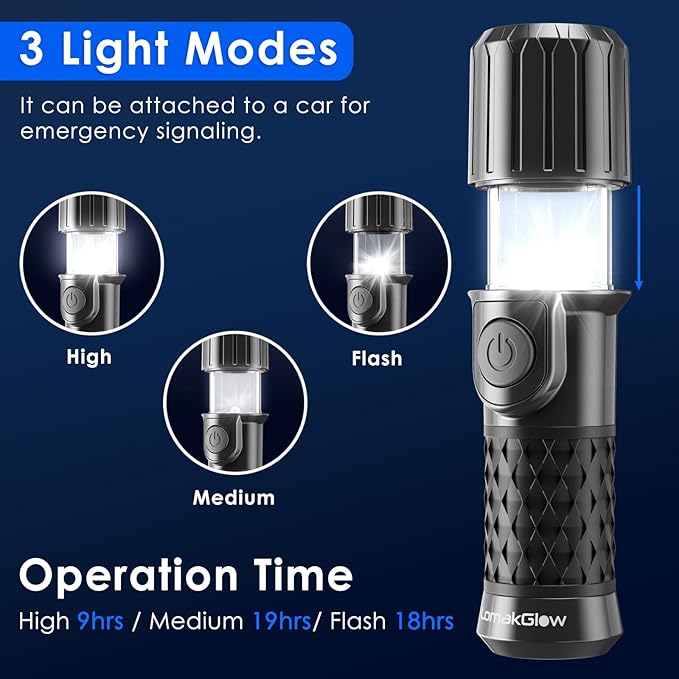 Multi-Function Hand-Powered LED Flashlight, IPX4 Waterproof, Magnetic Base, 3 Lighting Modes, Collapsible & Handheld for Home, Camping, and Hiking