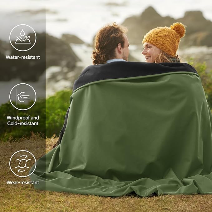 BEDELITE Large Waterproof Camping Blanket for Spring and Autumn, Lightweight Packable Blanket for Car, Foldable Fleece Stadium Blanket for Outdoor Sports, Wearable, Machine Washable, 55" x 80",Green